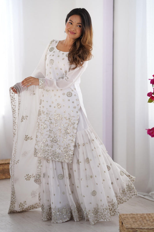 Elegant White Wedding Wear Sharara Suit with Golden Embroidery - Mangaldeep NX