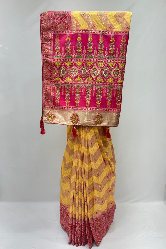 Elegant Yellow & Pink Banarasi Silk Saree - Mangaldeep NX