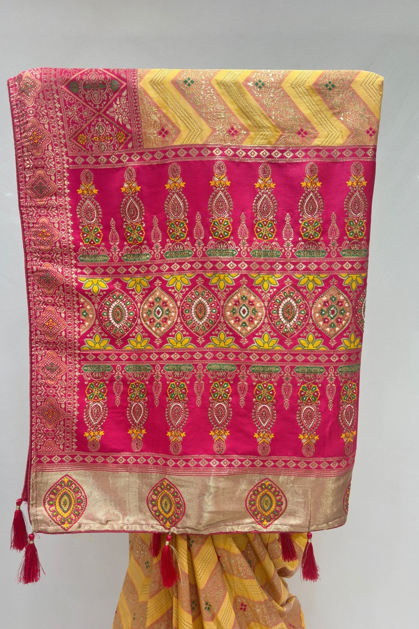 Elegant Yellow & Pink Banarasi Silk Saree - Mangaldeep NX