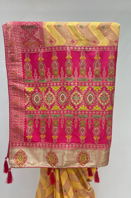 Elegant Yellow & Pink Banarasi Silk Saree - Mangaldeep NX
