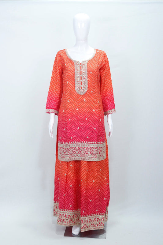 Embroidered Orange Pink Georgette Sharara Suit Set - Mangaldeep NX