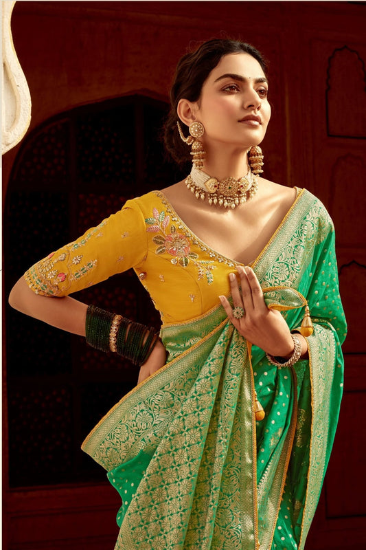 Emerald Green Banarasi Silk Saree with Gold Zari Work - Mangaldeep NX
