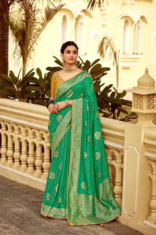 Emerald Green Banarasi Silk Saree with Gold Zari Work - Mangaldeep NX
