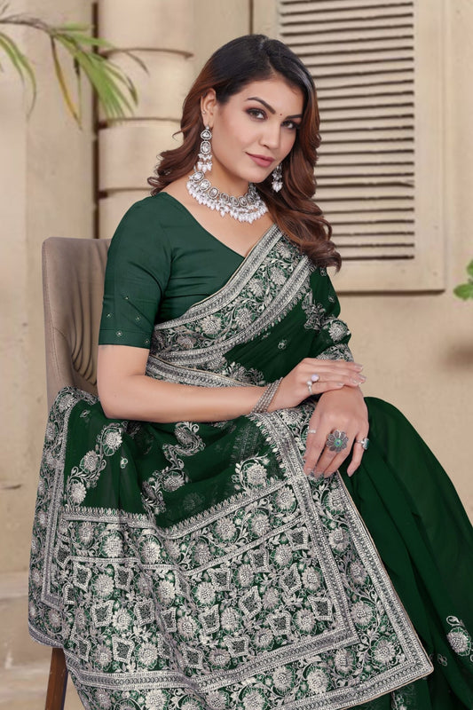 Emerald Green Embroidered Georgette Saree with Silver Floral Thread Work and Matching Blouse Piece - Mangaldeep NX