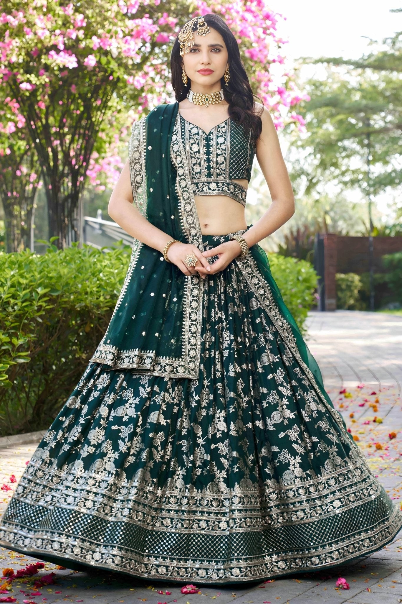 Emerald Green Embroidered Silk Lehenga Choli with Sequin Detailing and Net Dupatta - Mangaldeep NX