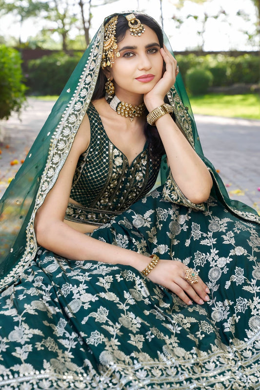 Emerald Green Embroidered Silk Lehenga Choli with Sequin Detailing and Net Dupatta - Mangaldeep NX
