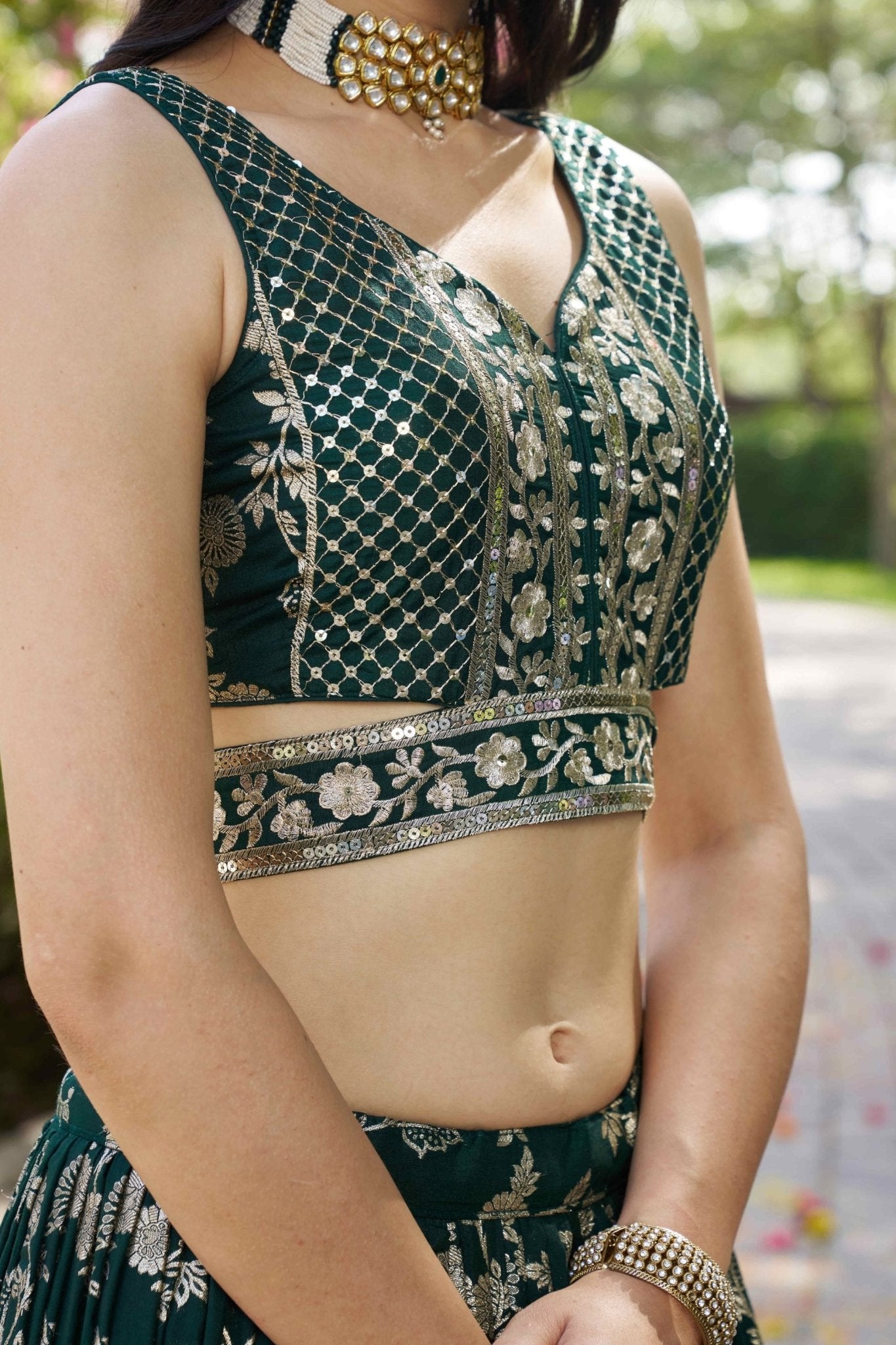 Emerald Green Embroidered Silk Lehenga Choli with Sequin Detailing and Net Dupatta - Mangaldeep NX