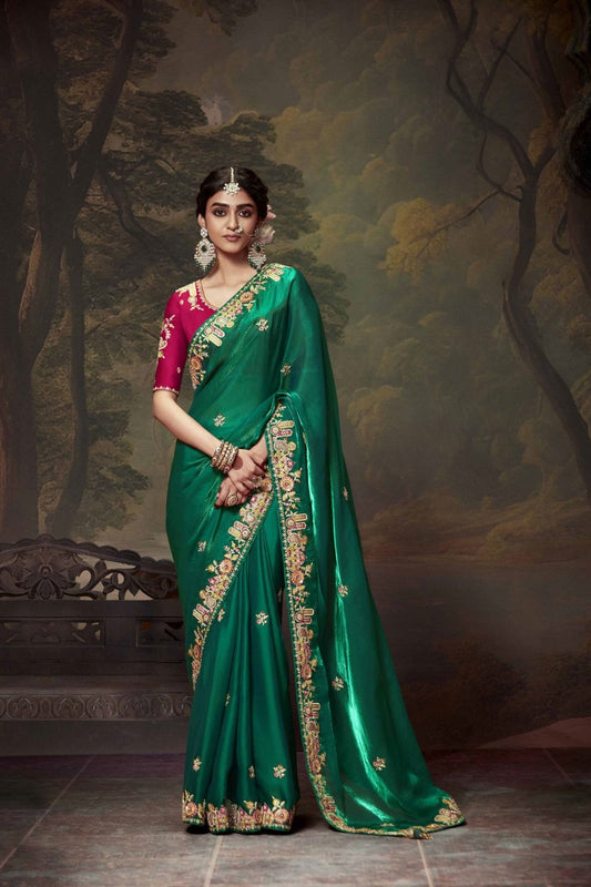 Emerald Green Embroidered Silk Saree with Floral Border and Magenta Blouse - Mangaldeep NX