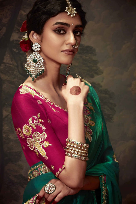 Emerald Green Embroidered Silk Saree with Floral Border and Magenta Blouse - Mangaldeep NX