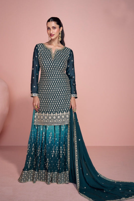 Excellent Teal Green Embroidered Sharara Suit with Dupatta - Mangaldeep NX