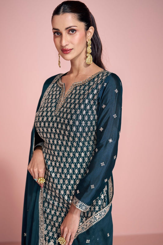 Excellent Teal Green Embroidered Sharara Suit with Dupatta - Mangaldeep NX