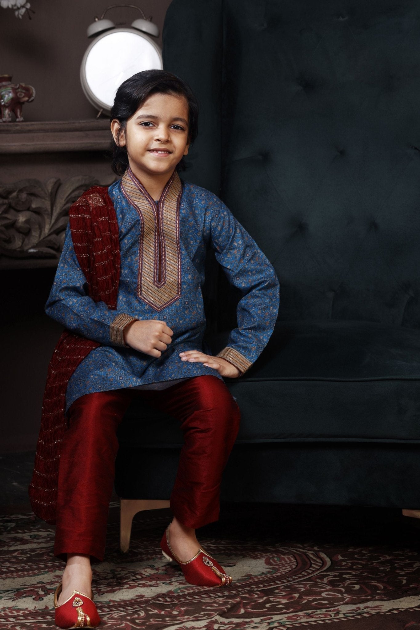 Fancy Blue and Maroon Kurta Pyjama Set for Boys - Mangaldeep NX