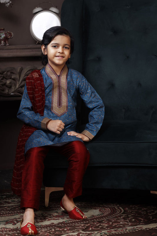 Fancy Blue and Maroon Kurta Pyjama Set for Boys - Mangaldeep NX