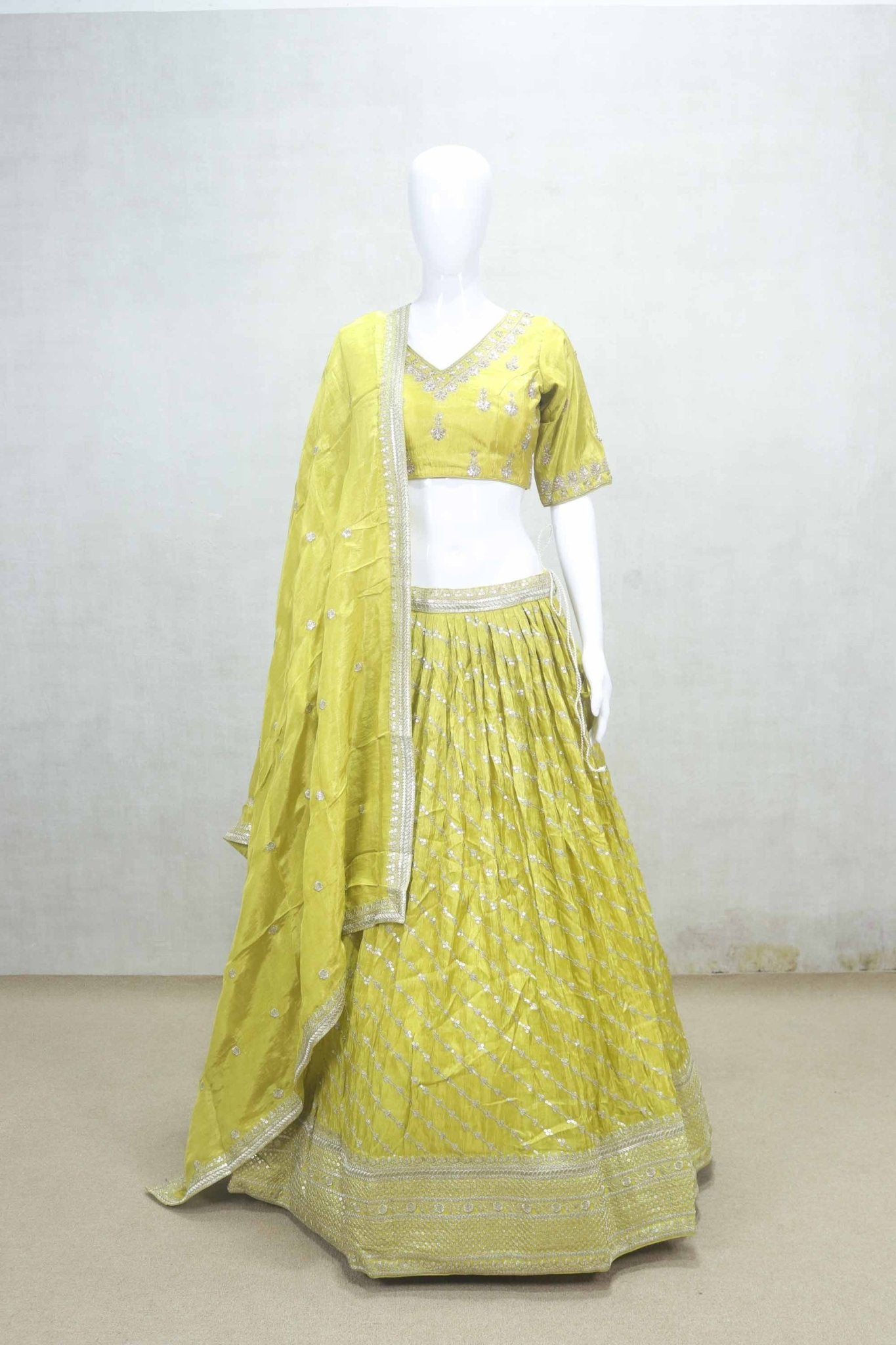 Fancy Lime Yellow Embroidered Silk Lehenga Choli with Mirror Work Dupatta - Mangaldeep NX