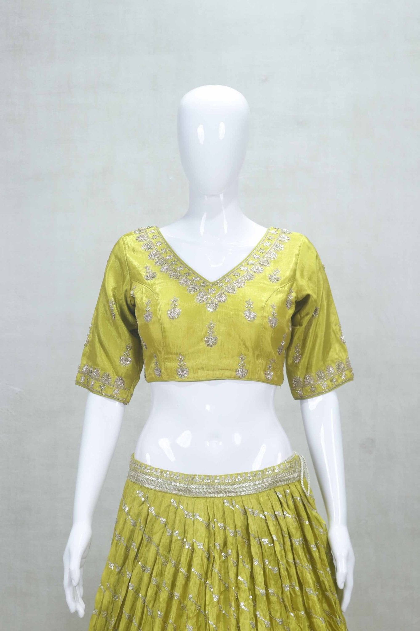 Fancy Lime Yellow Embroidered Silk Lehenga Choli with Mirror Work Dupatta - Mangaldeep NX