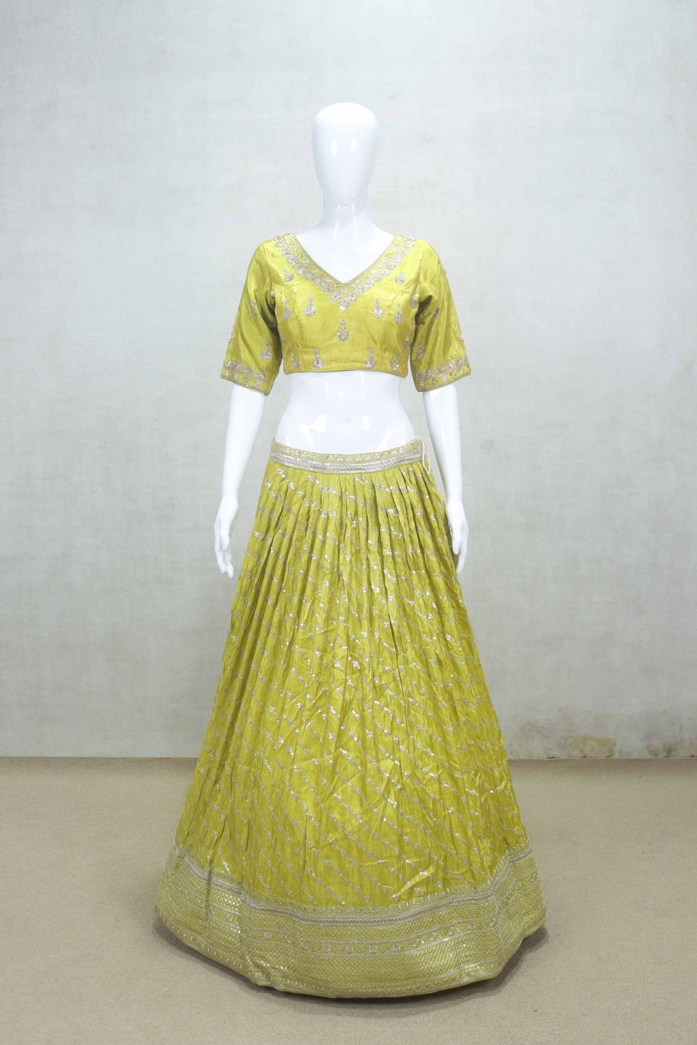 Fancy Lime Yellow Embroidered Silk Lehenga Choli with Mirror Work Dupatta - Mangaldeep NX