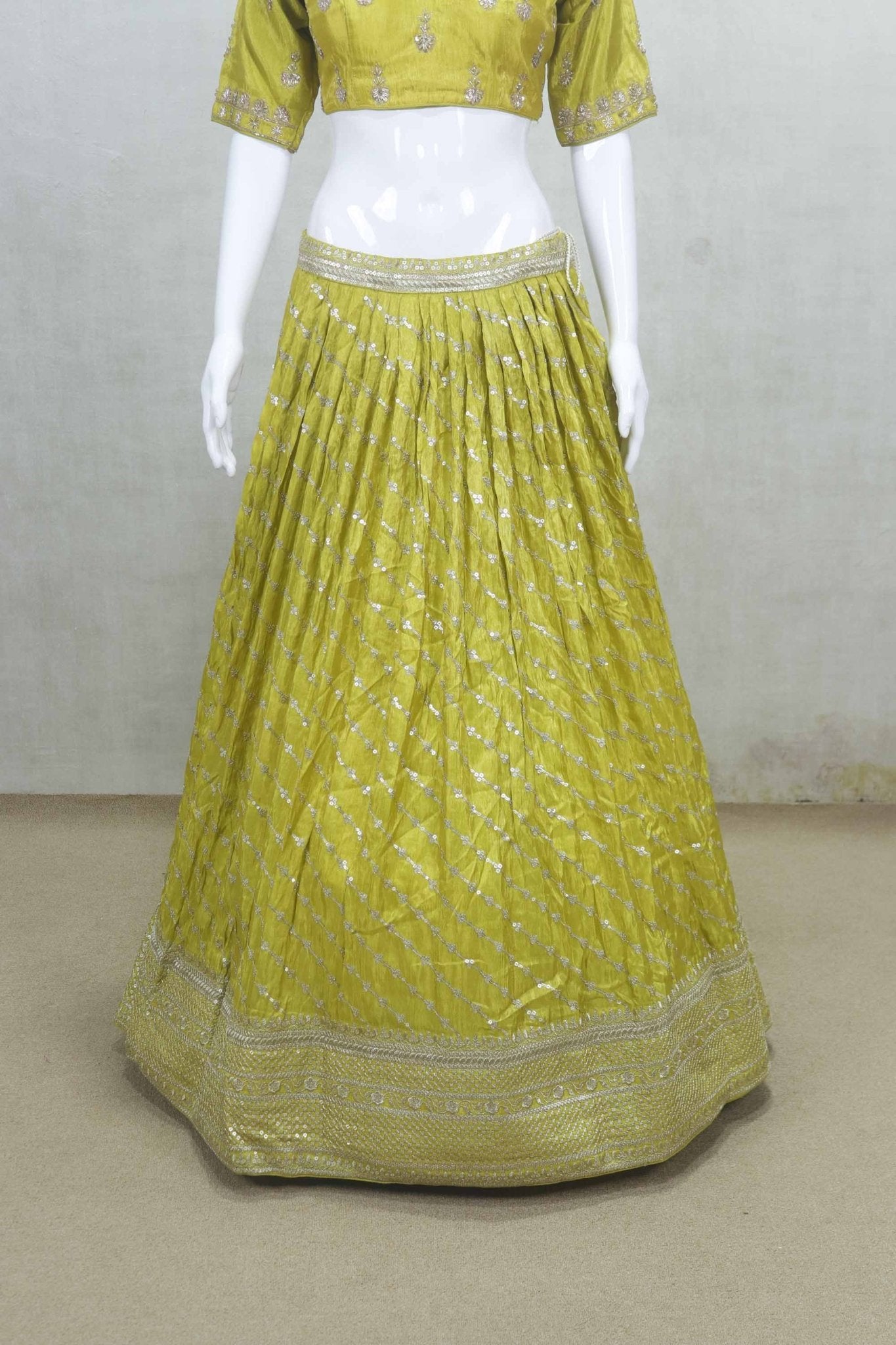 Fancy Lime Yellow Embroidered Silk Lehenga Choli with Mirror Work Dupatta - Mangaldeep NX