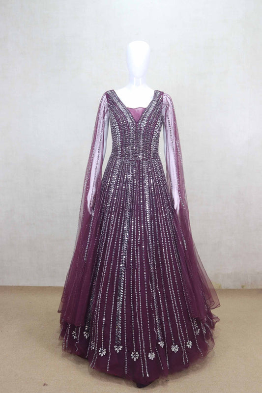 Fancy Maroon Mirror Work Gown with Full Sleeves - Mangaldeep NX