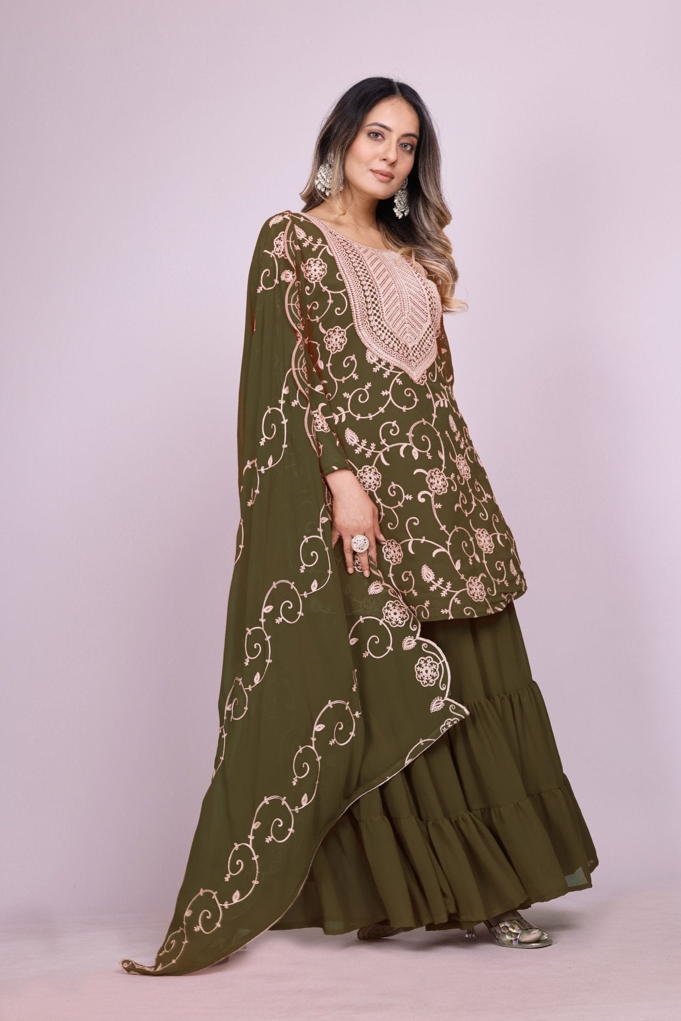 Fancy Mehendi Green Embroidered Readymade Sharara Suit - Mangaldeep NX