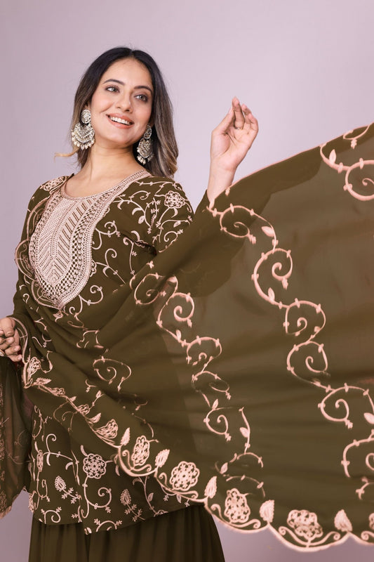 Fancy Mehendi Green Embroidered Readymade Sharara Suit - Mangaldeep NX