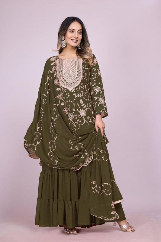 Fancy Mehendi Green Embroidered Readymade Sharara Suit - Mangaldeep NX