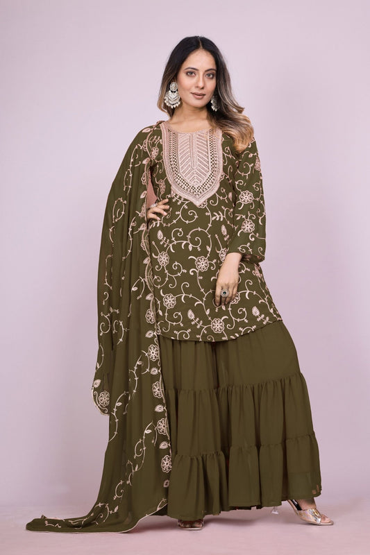 Fancy Mehendi Green Embroidered Readymade Sharara Suit - Mangaldeep NX