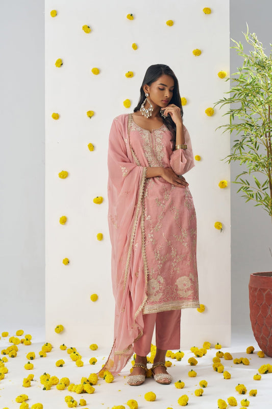 Fancy Pink Chiffon Embroidered Salwar Suit - Mangaldeep NX