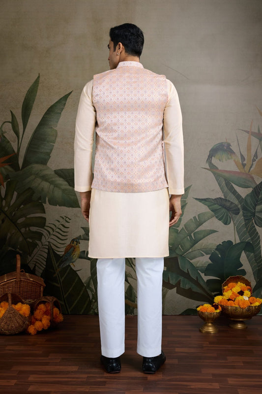 Festive Beige Kurta Set with Koti Jacket - Mangaldeep NX