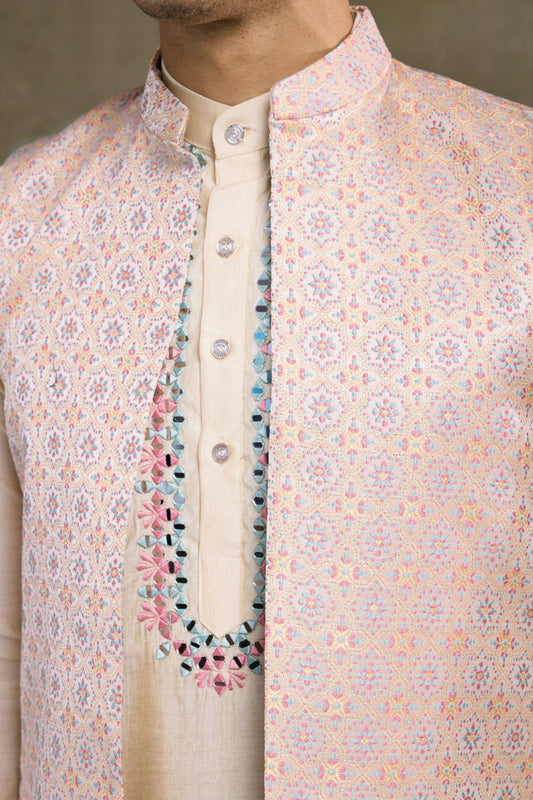 Festive Beige Kurta Set with Koti Jacket - Mangaldeep NX