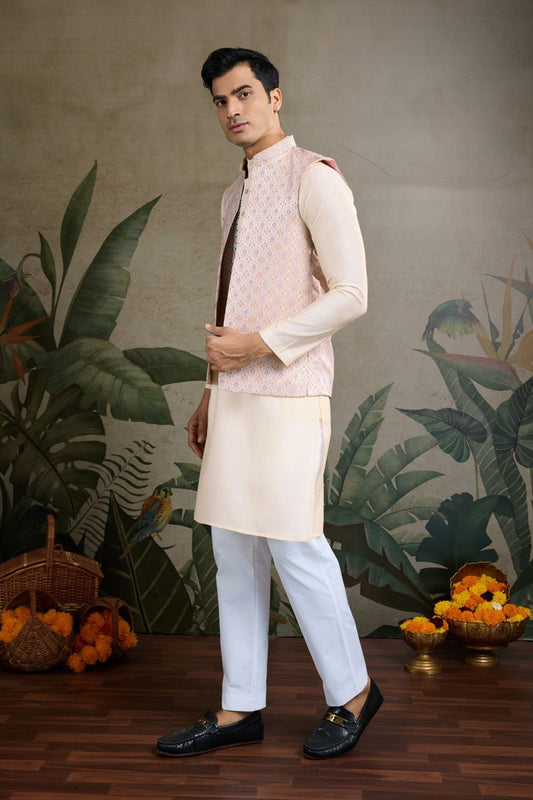 Festive Beige Kurta Set with Koti Jacket - Mangaldeep NX