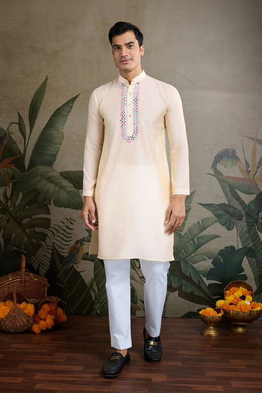 Festive Beige Kurta Set with Koti Jacket - Mangaldeep NX