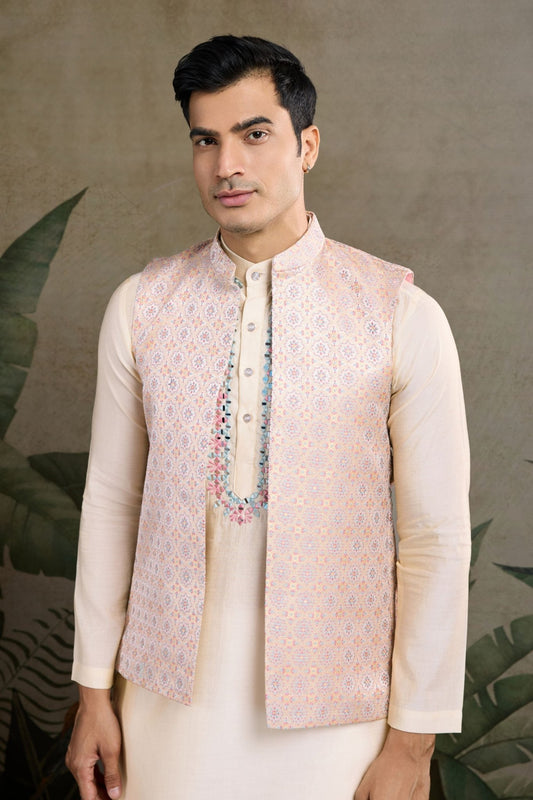 Festive Beige Kurta Set with Koti Jacket - Mangaldeep NX