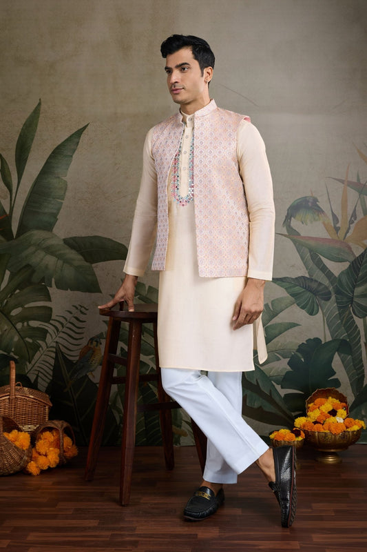 Festive Beige Kurta Set with Koti Jacket - Mangaldeep NX