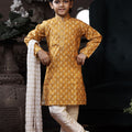 Festive Boys Golden Yellow Printed Kurta with Cream Pyjama and White Dupatta - Mangaldeep NX