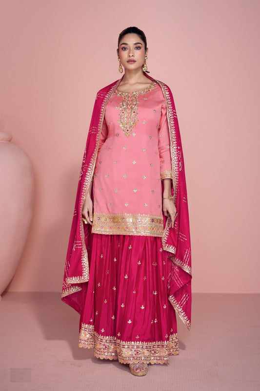 Festive Pink and Magenta Embroidered Sharara Suit for Women - Mangaldeep NX