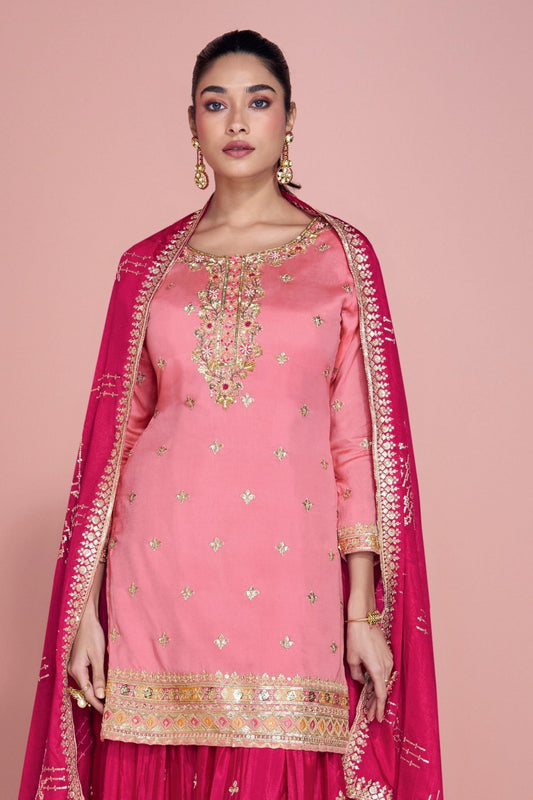 Festive Pink and Magenta Embroidered Sharara Suit for Women - Mangaldeep NX
