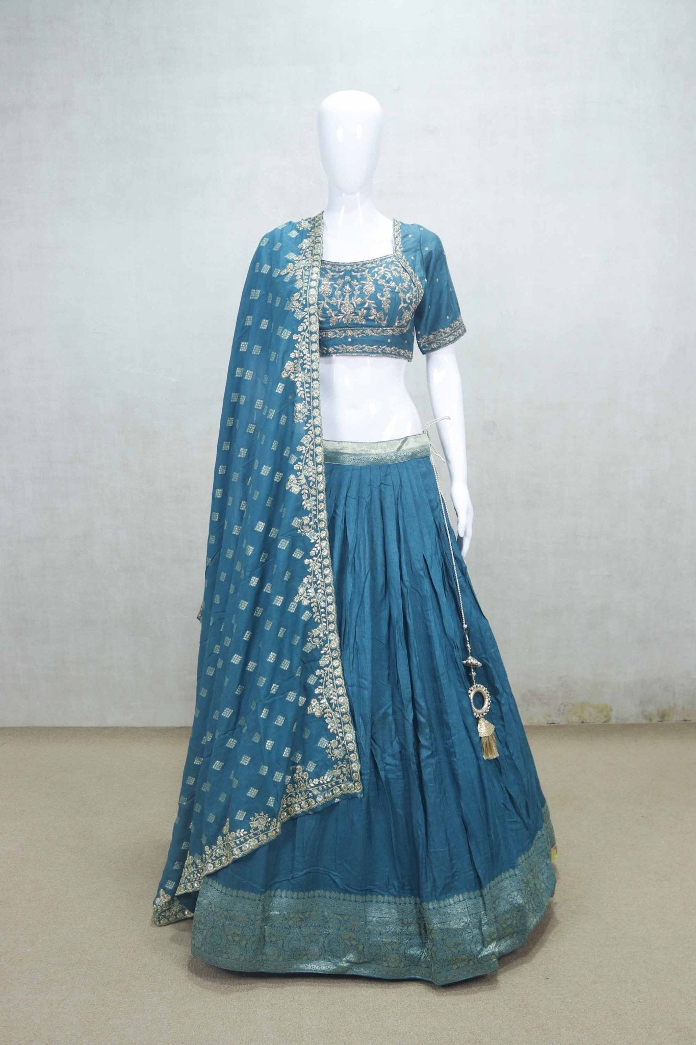 Festive Teal Blue Embroidered Silk Lehenga Choli with Dupatta - Mangaldeep NX