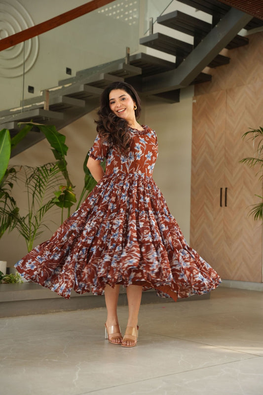 Festive Wear Maroon Faux Georgette Fully Flared Printed Kurti - Mangaldeep NX