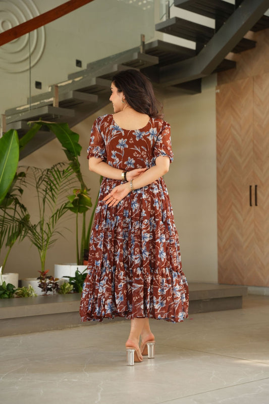 Festive Wear Maroon Faux Georgette Fully Flared Printed Kurti - Mangaldeep NX