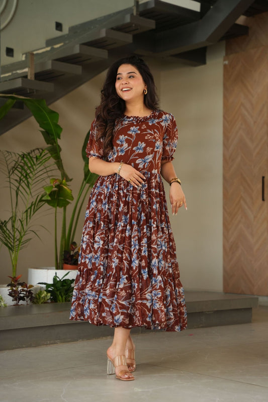 Festive Wear Maroon Faux Georgette Fully Flared Printed Kurti - Mangaldeep NX