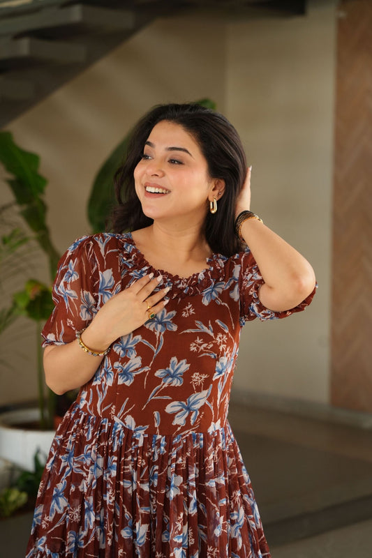 Festive Wear Maroon Faux Georgette Fully Flared Printed Kurti - Mangaldeep NX