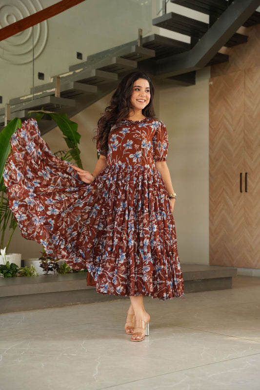 Festive Wear Maroon Faux Georgette Fully Flared Printed Kurti - Mangaldeep NX