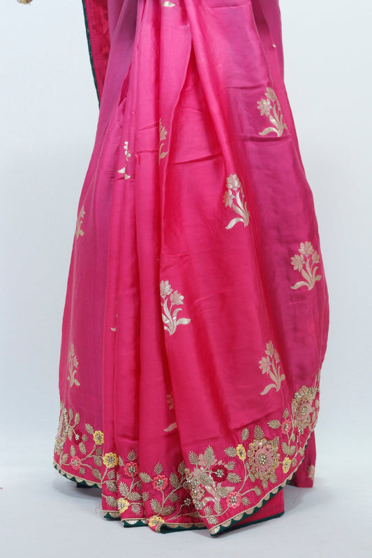 Fuchsia Pink Banarasi Silk Saree with Floral Embroidery and Green Contrast Border - Mangaldeep NX