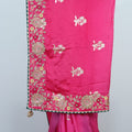 Fuchsia Pink Banarasi Silk Saree with Floral Embroidery and Green Contrast Border - Mangaldeep NX