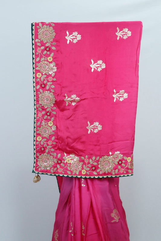 Fuchsia Pink Banarasi Silk Saree with Floral Embroidery and Green Contrast Border - Mangaldeep NX