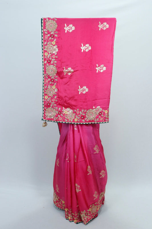 Fuchsia Pink Banarasi Silk Saree with Floral Embroidery and Green Contrast Border - Mangaldeep NX