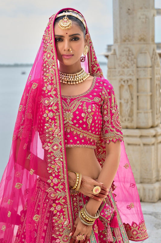 Fuchsia Pink Bridal Lehenga Choli with Heavy Zari and Embroidery - Mangaldeep NX