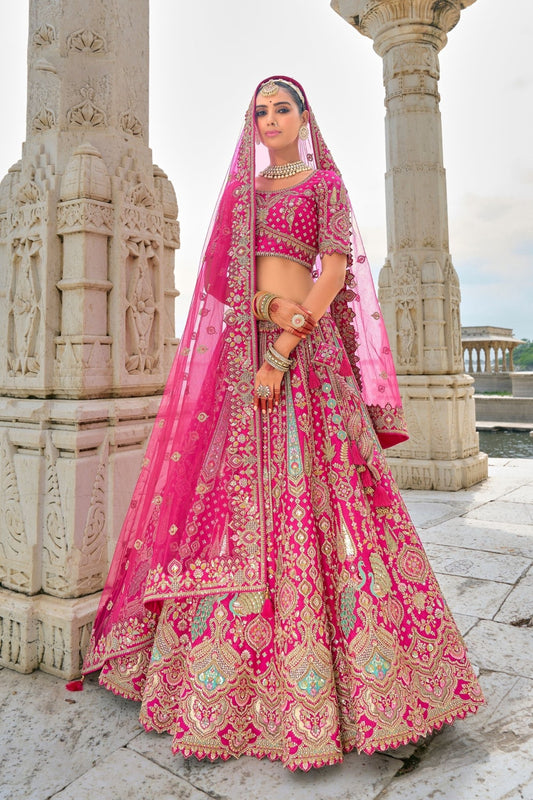 Fuchsia Pink Bridal Lehenga Choli with Heavy Zari and Embroidery - Mangaldeep NX