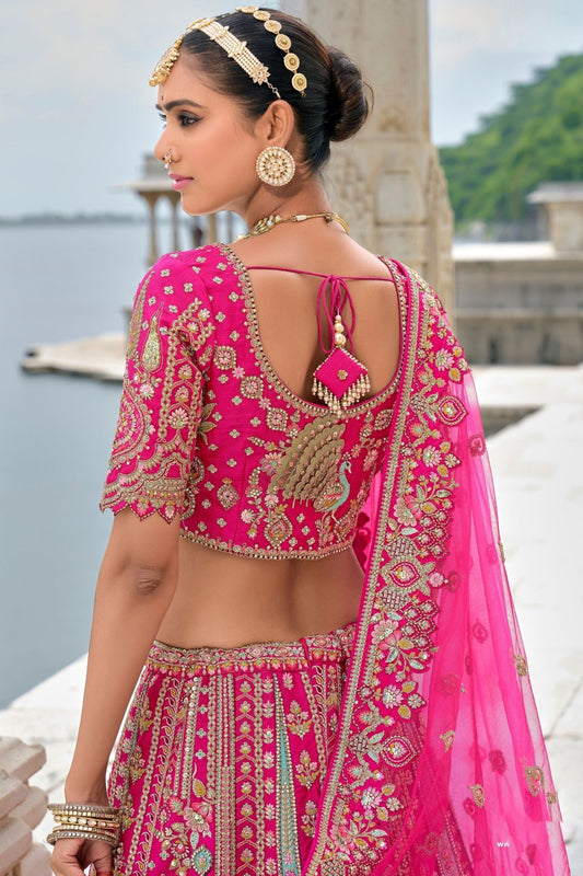 Fuchsia Pink Bridal Lehenga Choli with Heavy Zari and Embroidery - Mangaldeep NX