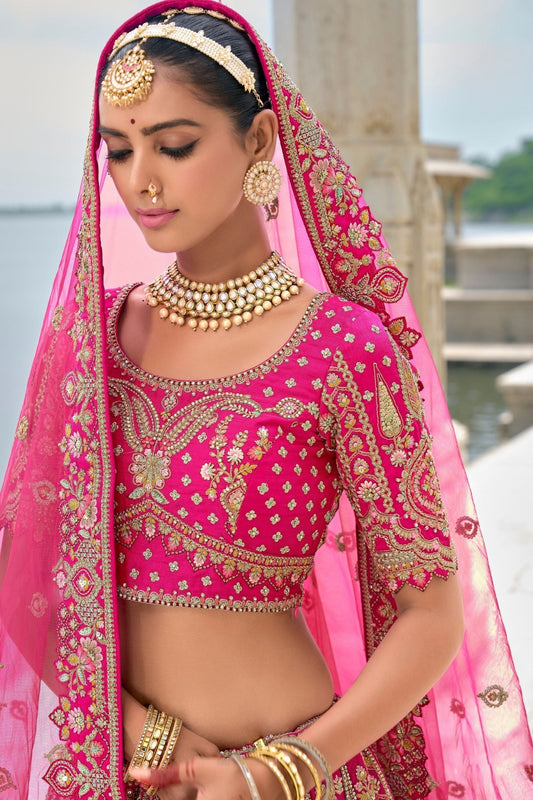 Fuchsia Pink Bridal Lehenga Choli with Heavy Zari and Embroidery - Mangaldeep NX